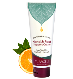 A tube of Hand & Foot Support Cream with a sliced orange and orange leaves, in the background