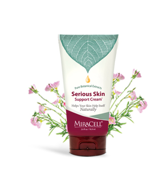 Tube of Serious Skin Support Cream with Evening Primrose in background.