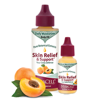 Skin relief and Support blend shown in small and large containers next to halved apricot