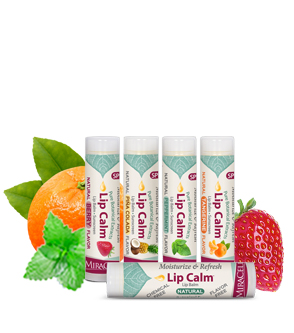 Tubes of Lip Calm, showing Piña Colad, Peppermint, Strawberry, Tangerine and Natural.